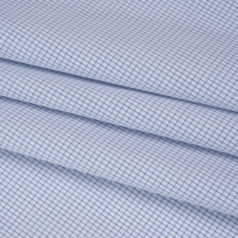 Cotton Twill Shirting - Cobalt Blue and White Mini Windowpane Check - Deadstock