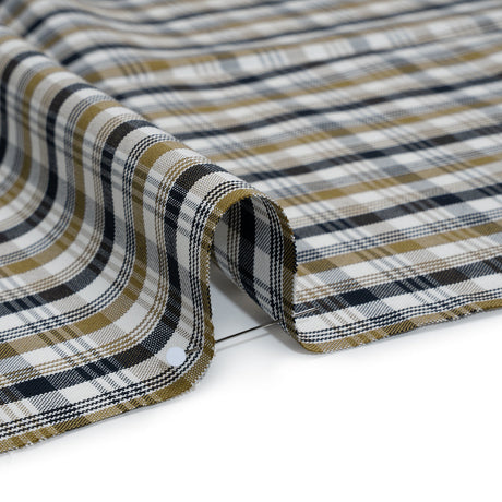 Cotton Oxford Shirting - Midnight Blue, Olive and White Plaid - Deadstock