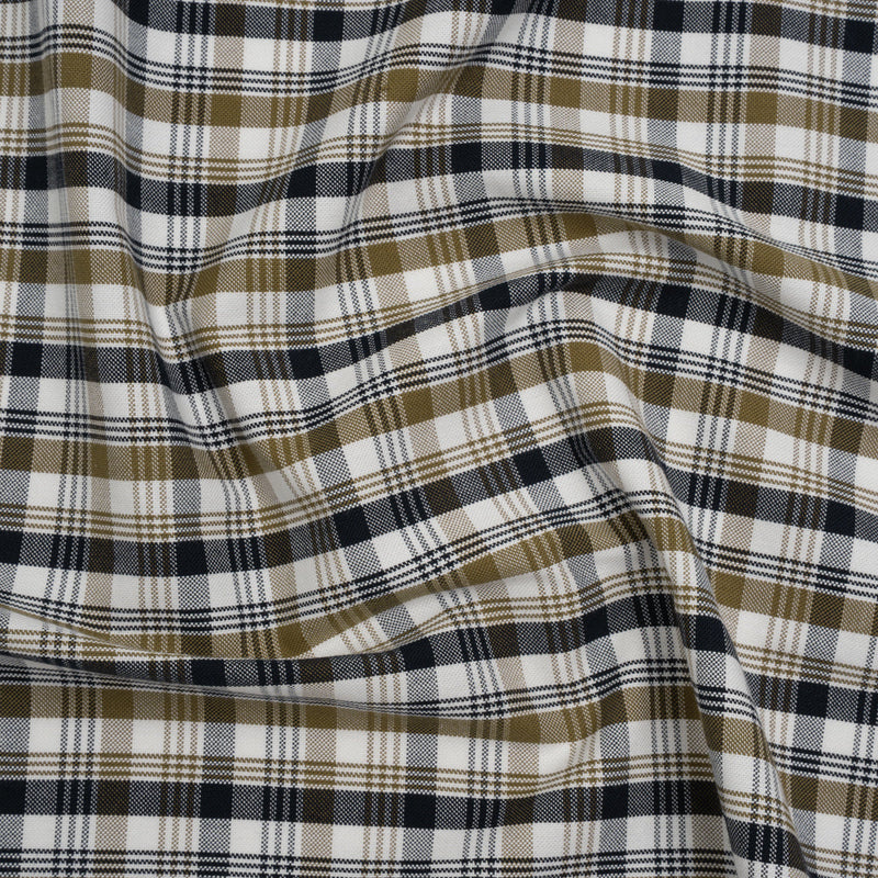 Cotton Oxford Shirting - Midnight Blue, Olive and White Plaid - Deadstock