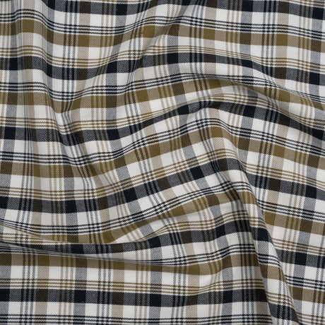 Cotton Oxford Shirting - Midnight Blue, Olive and White Plaid - Deadstock
