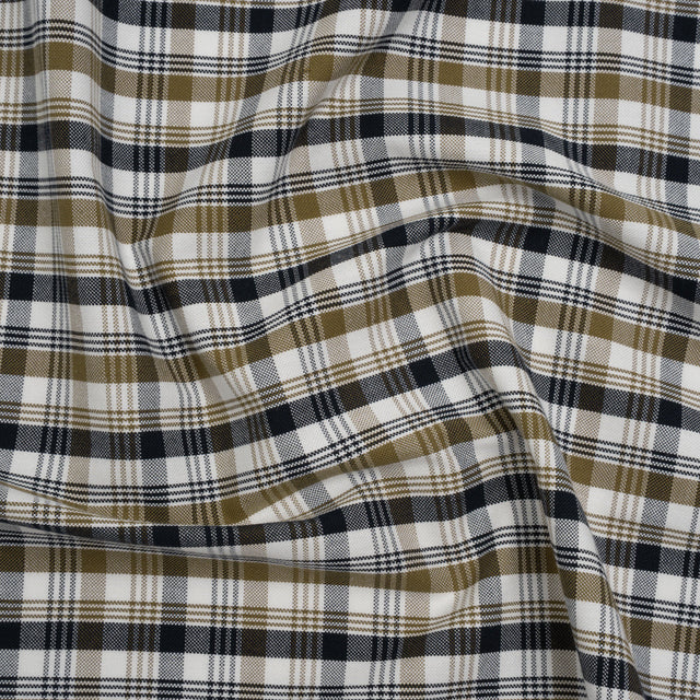 Cotton Oxford Shirting - Midnight Blue, Olive and White Plaid - Deadstock