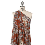 Silk Chiffon Print Made in Italy - Terracotta Brown, Black and Light Gray Flowers and Jungle Cats - Deadstock