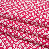 Textured Stretch Cotton Basketweave Panel by Trina Turk - Hot Pink and White Circle Grid and Printed Fringe Border - Designer Deadstock