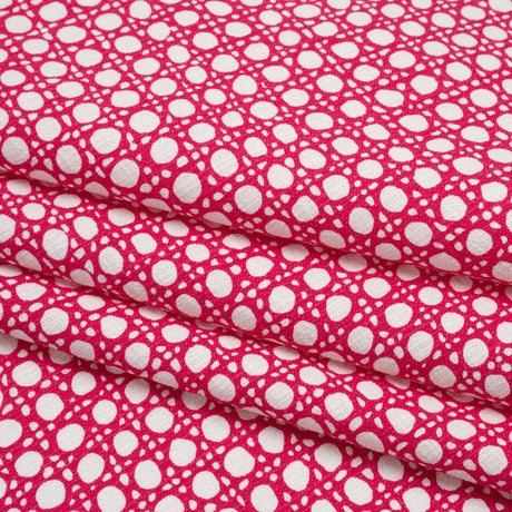 Textured Stretch Cotton Basketweave Panel by Trina Turk - Hot Pink and White Circle Grid and Printed Fringe Border - Designer Deadstock