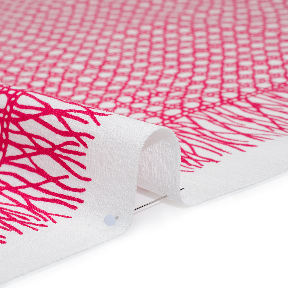 Textured Stretch Cotton Basketweave Panel by Trina Turk - Hot Pink and White Circle Grid and Printed Fringe Border - Designer Deadstock