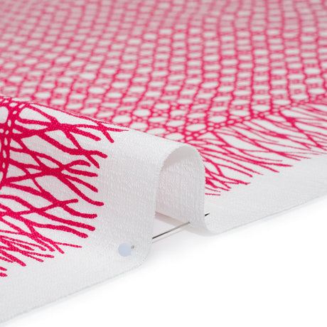 Textured Stretch Cotton Basketweave Panel by Trina Turk - Hot Pink and White Circle Grid and Printed Fringe Border - Designer Deadstock