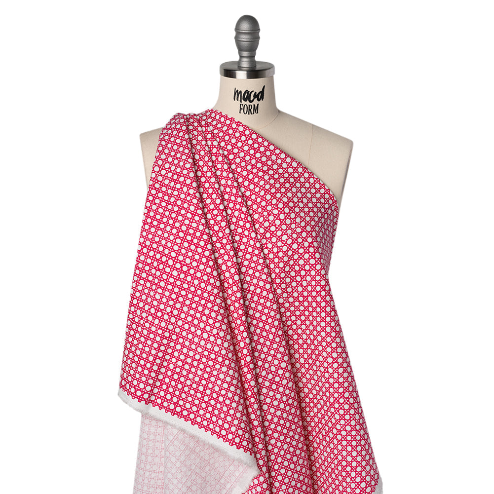 Textured Stretch Cotton Basketweave Panel by Trina Turk - Hot Pink and White Circle Grid and Printed Fringe Border - Designer Deadstock