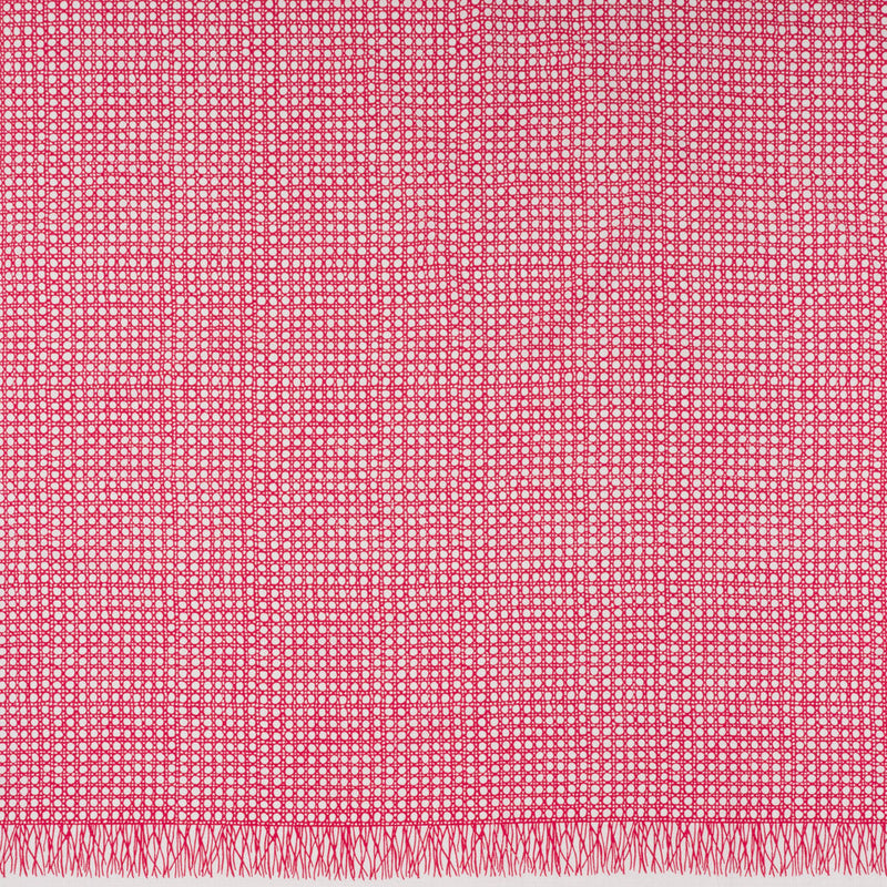 Textured Stretch Cotton Basketweave Panel by Trina Turk - Hot Pink and White Circle Grid and Printed Fringe Border - Designer Deadstock