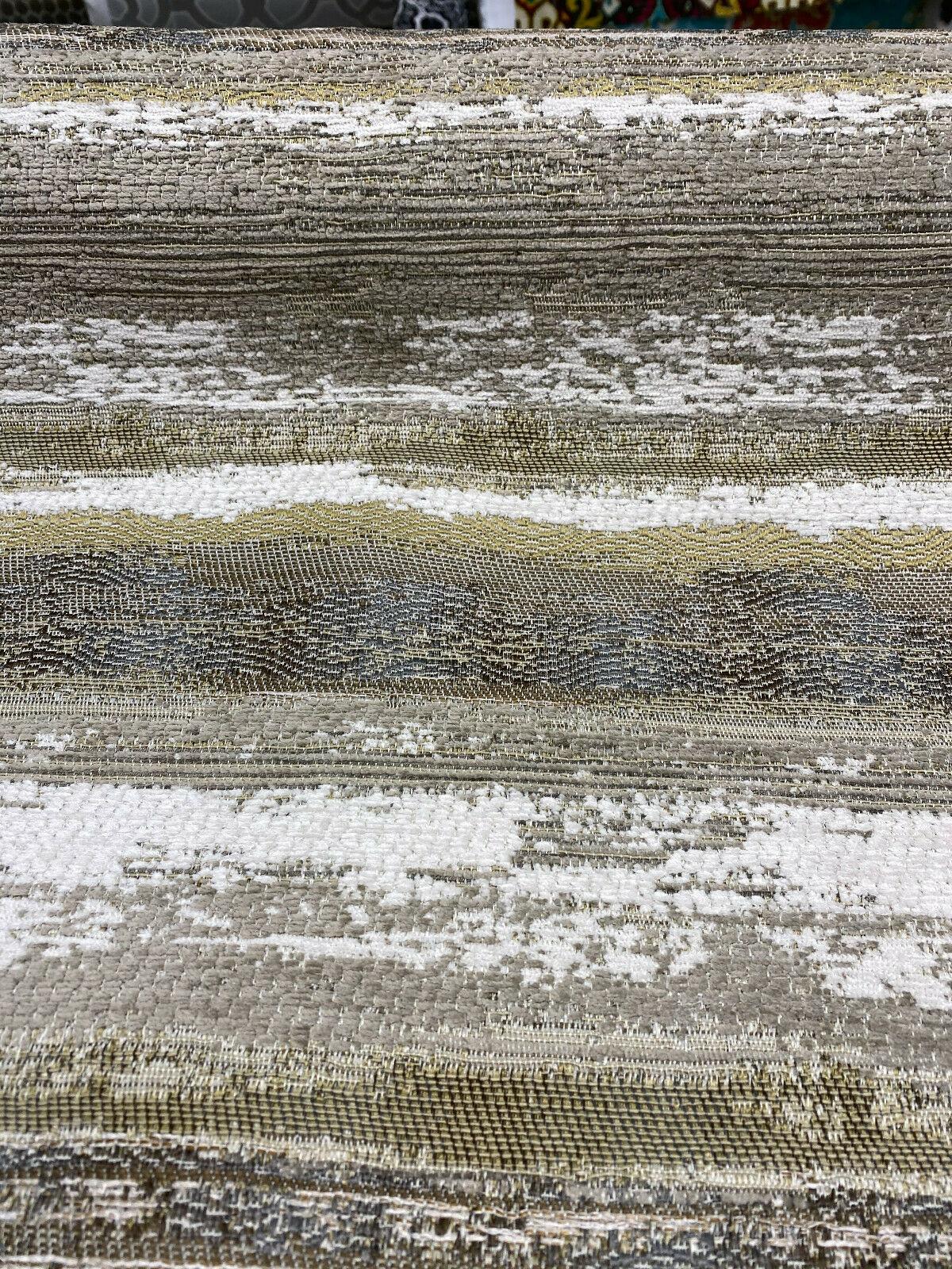 Stretch Of Dawn Sand Tapestry Chenille Upholstery Fabric - Beige Sand Gray Off White Taupe Antique Brown Horizontal Stripe, 56" Width (1 Yard)