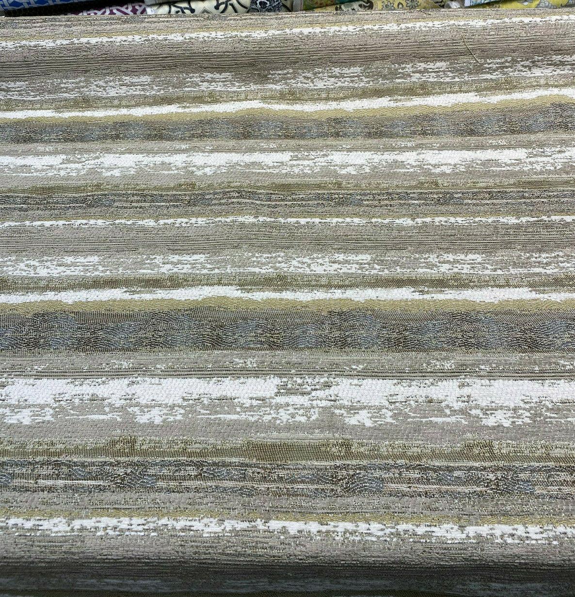 Stretch Of Dawn Sand Tapestry Chenille Upholstery Fabric - Beige Sand Gray Off White Taupe Antique Brown Horizontal Stripe, 56" Width (1 Yard)