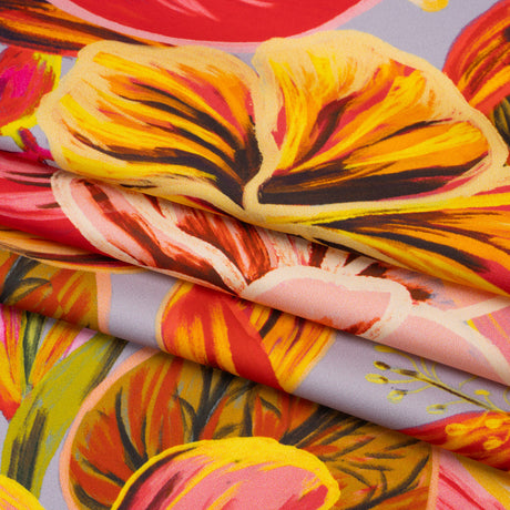 Polyester Satin - Orange, Red and Lemon Yellow Lush Flowers - Mood Exclusive Fireflower Paradise Print