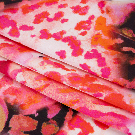 Polyester Satin - Vivid Pink, Orange and Black Abstract Florals and Spots - Mood Exclusive Mirage Botanique Print