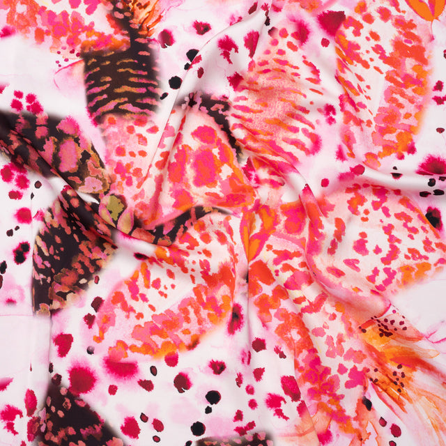 Polyester Satin - Vivid Pink, Orange and Black Abstract Florals and Spots - Mood Exclusive Mirage Botanique Print