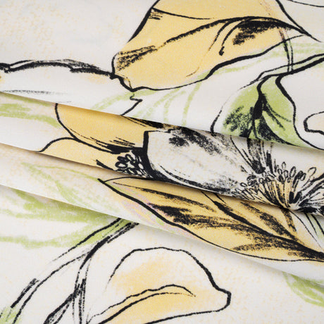 Polyester Satin - Pale Yellow, Sage Green and Black Sketched Florals - Mood Exclusive A Study of Spring Print