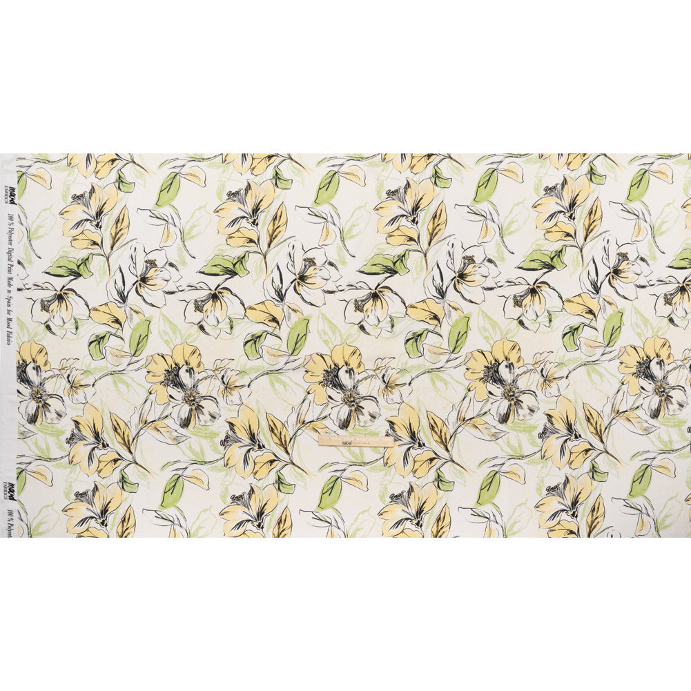 Polyester Satin - Pale Yellow, Sage Green and Black Sketched Florals - Mood Exclusive A Study of Spring Print