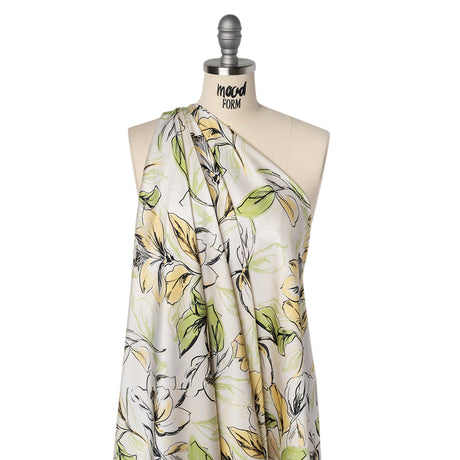 Polyester Satin - Pale Yellow, Sage Green and Black Sketched Florals - Mood Exclusive A Study of Spring Print