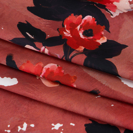 Polyester Satin - Hibiscus, Scarlet Red and Black Roses and Brushstrokes - Mood Exclusive Feel the Flow Print