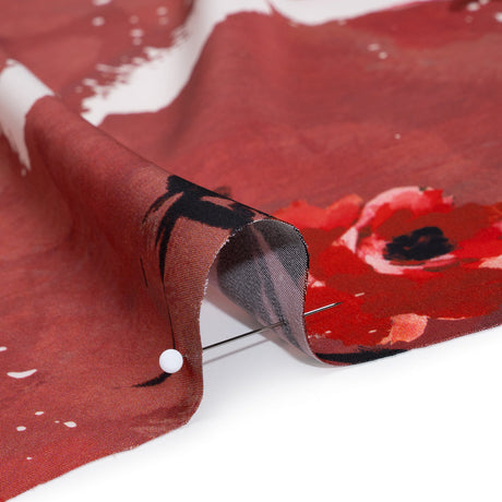 Polyester Satin - Hibiscus, Scarlet Red and Black Roses and Brushstrokes - Mood Exclusive Feel the Flow Print