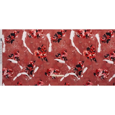 Polyester Satin - Hibiscus, Scarlet Red and Black Roses and Brushstrokes - Mood Exclusive Feel the Flow Print
