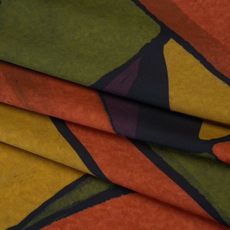 Polyester Satin - Olive Green, Aubergine and Mustard Abstract Shapes - Mood Exclusive Terra Mosaic Print