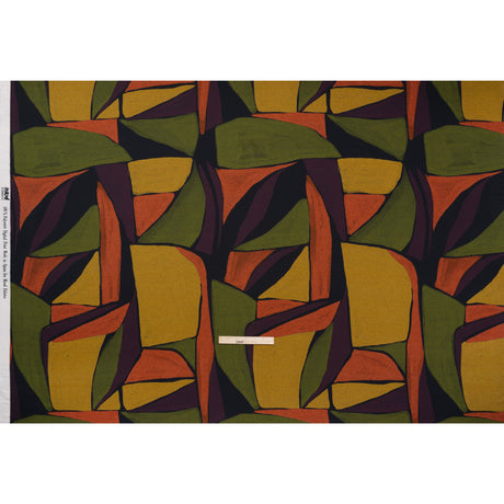 Polyester Satin - Olive Green, Aubergine and Mustard Abstract Shapes - Mood Exclusive Terra Mosaic Print