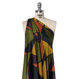 Polyester Satin - Olive Green, Aubergine and Mustard Abstract Shapes - Mood Exclusive Terra Mosaic Print