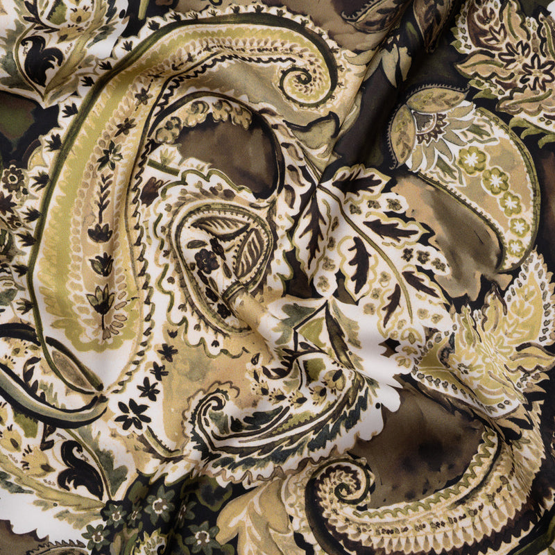 Polyester Satin - Brown, Beige and Olive Green Paisley - Mood Exclusive Drifting Dream Print