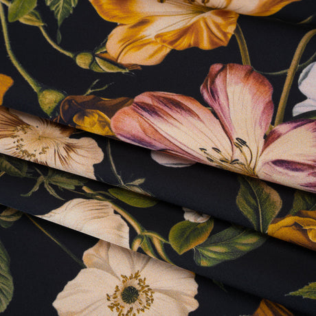 Polyester Satin - Mustard Yellow, Green and Black Floral - Mood Exclusive Garden Tangle Print