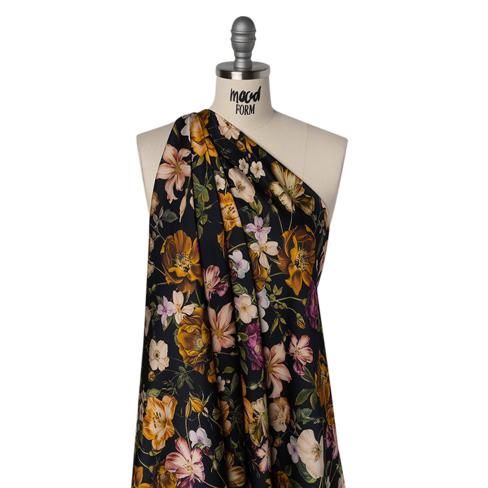 Polyester Satin - Mustard Yellow, Green and Black Floral - Mood Exclusive Garden Tangle Print