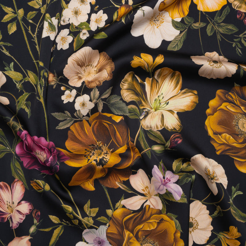 Polyester Satin - Mustard Yellow, Green and Black Floral - Mood Exclusive Garden Tangle Print