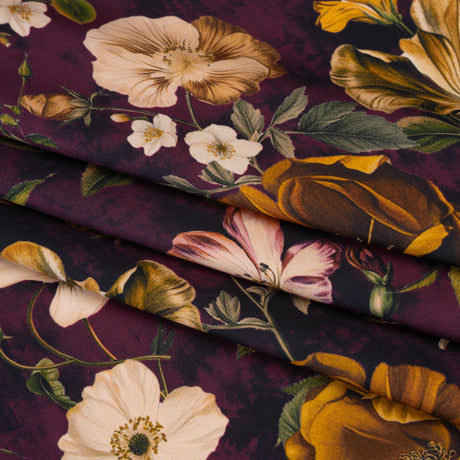Polyester Satin - Mustard Yellow, Plum Purple and Cream Floral - Mood Exclusive Garden Tangle Print