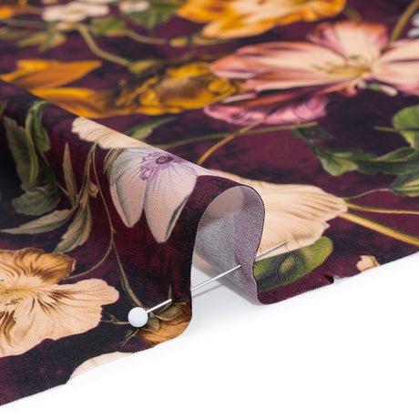 Polyester Satin - Mustard Yellow, Plum Purple and Cream Floral - Mood Exclusive Garden Tangle Print