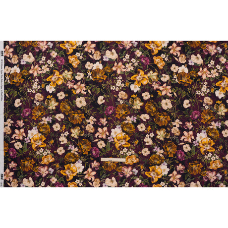 Polyester Satin - Mustard Yellow, Plum Purple and Cream Floral - Mood Exclusive Garden Tangle Print