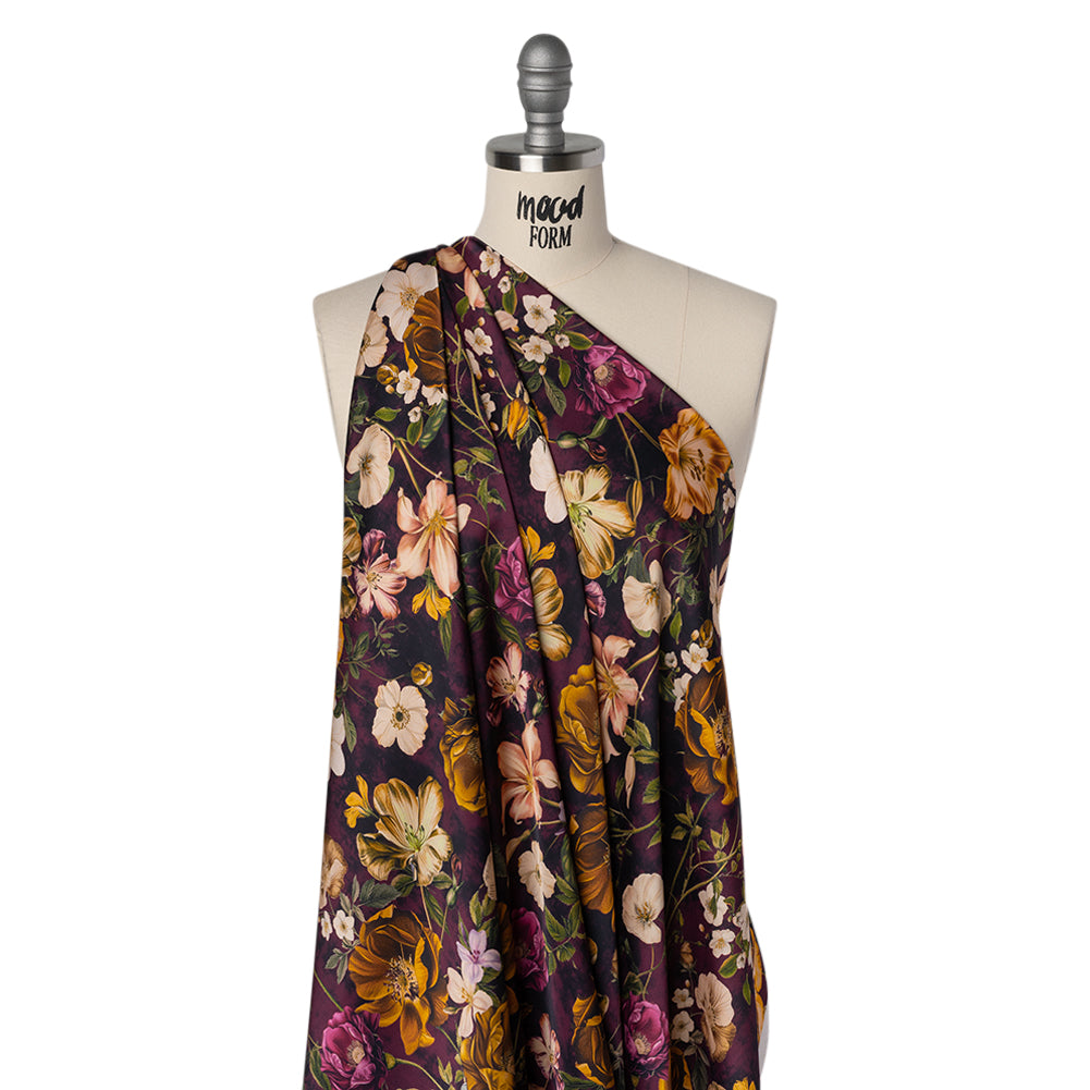 Polyester Satin - Mustard Yellow, Plum Purple and Cream Floral - Mood Exclusive Garden Tangle Print