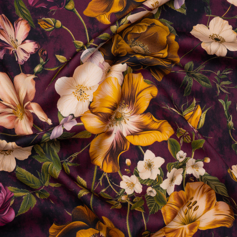 Polyester Satin - Mustard Yellow, Plum Purple and Cream Floral - Mood Exclusive Garden Tangle Print
