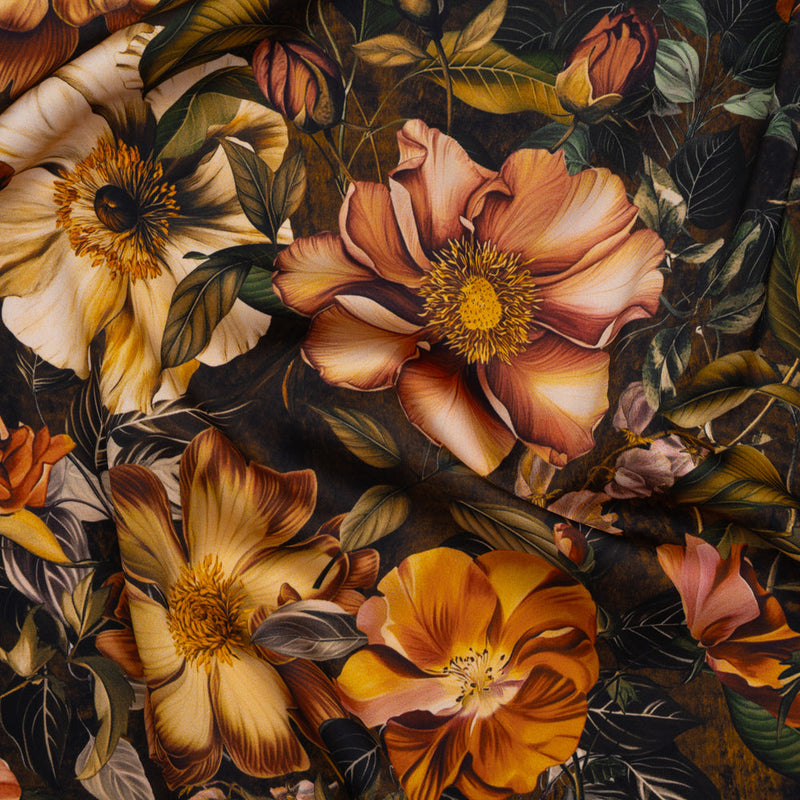 Polyester Satin - Peach, Green and Brown Floral - Mood Exclusive Camouflora Print