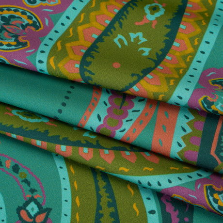 Polyester Satin - Jade Green, Dusty Magenta and Peachy Orange Paisley - Mood Exclusive Swirling Sonata Print
