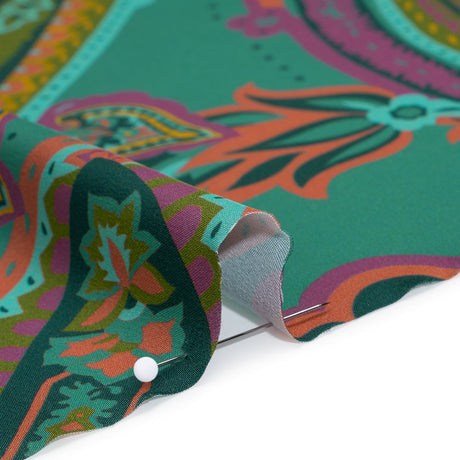 Polyester Satin - Jade Green, Dusty Magenta and Peachy Orange Paisley - Mood Exclusive Swirling Sonata Print