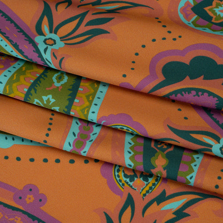 Polyester Satin - Pumpkin Orange, Jade Green and Purple Paisley - Mood Exclusive Swirling Sonata Print