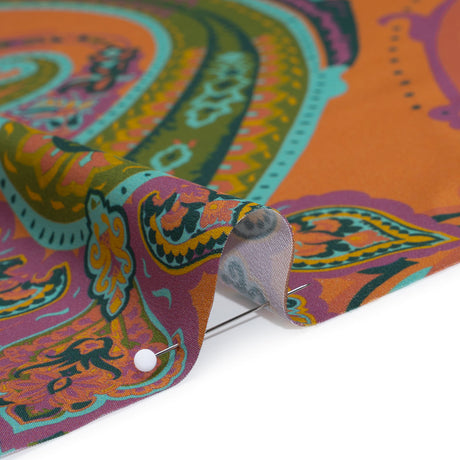 Polyester Satin - Pumpkin Orange, Jade Green and Purple Paisley - Mood Exclusive Swirling Sonata Print