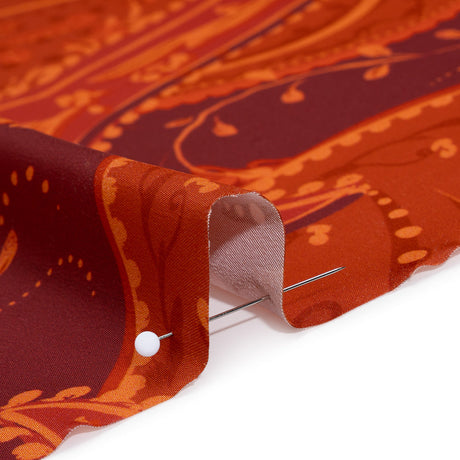Polyester Satin - Burnt Orange, Dark Red and Peach Paisley Floral - Mood Exclusive Harvest Harmonies Print