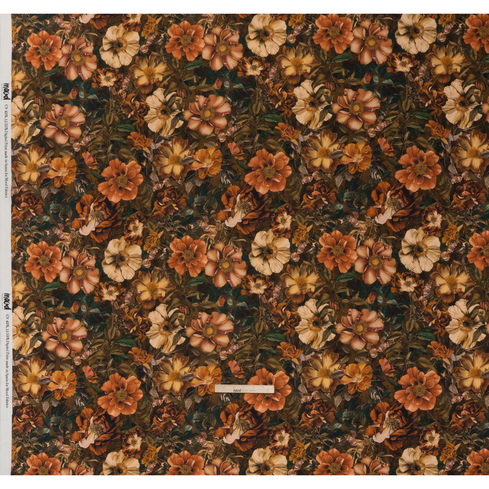 Linen and Rayon Woven - Orange, Dark Green and Brown Lush Floral - Mood Exclusive Camouflora Print