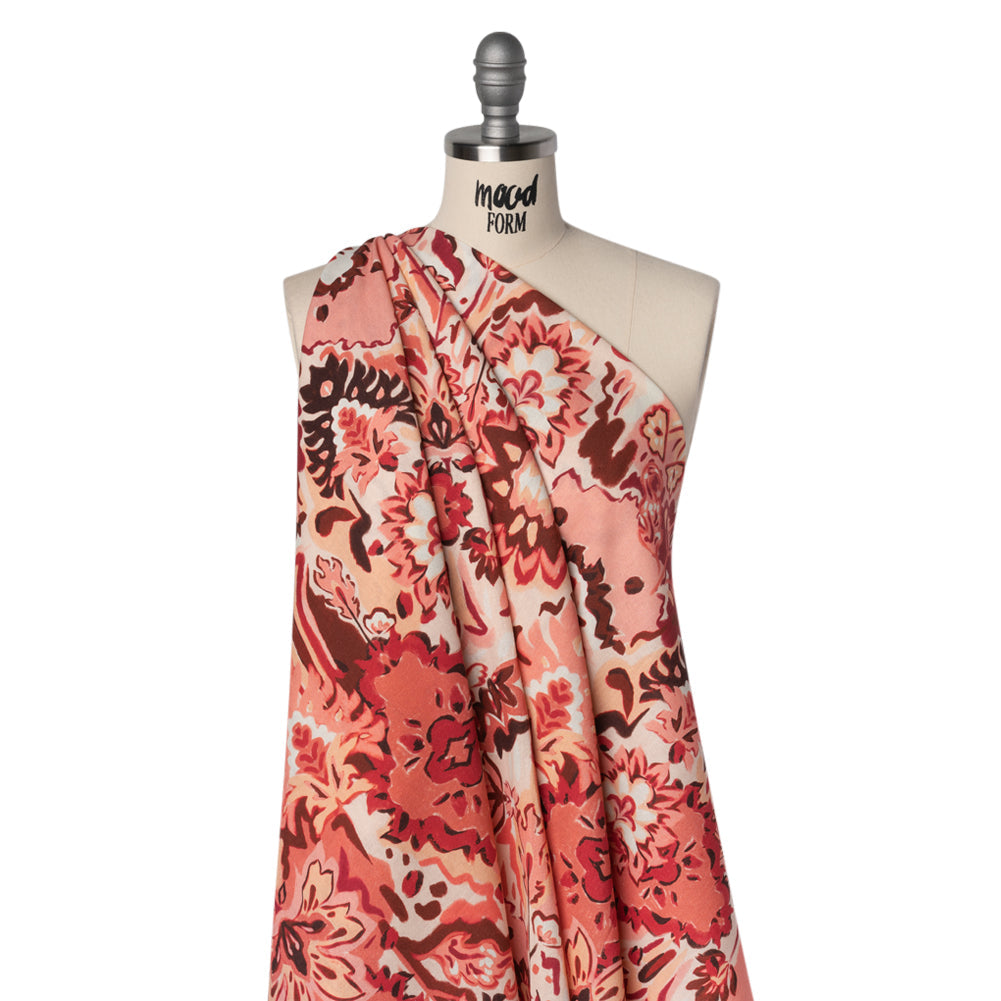 Linen and Rayon Woven - Pink, Peach and Pale Orange Almost-Geometric Floral - Mood Exclusive Fractured Flora Print