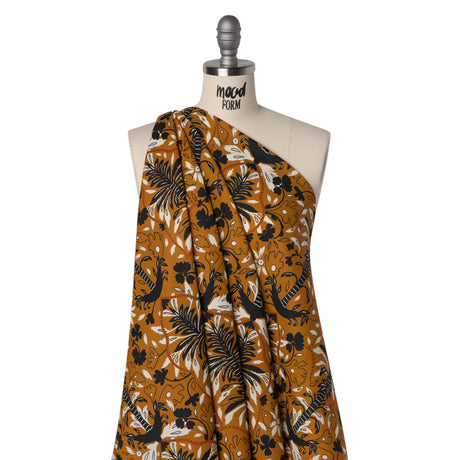 Linen and Rayon Woven - Burnt Orange, Black and White Palm Tree Stripes - Mood Exclusive Palm Prestige Print
