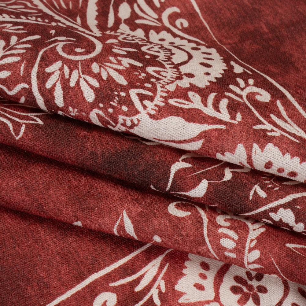 Linen and Rayon Woven - Dark Red and White Paisley and Frames - Mood Exclusive Arabesque Allure Print