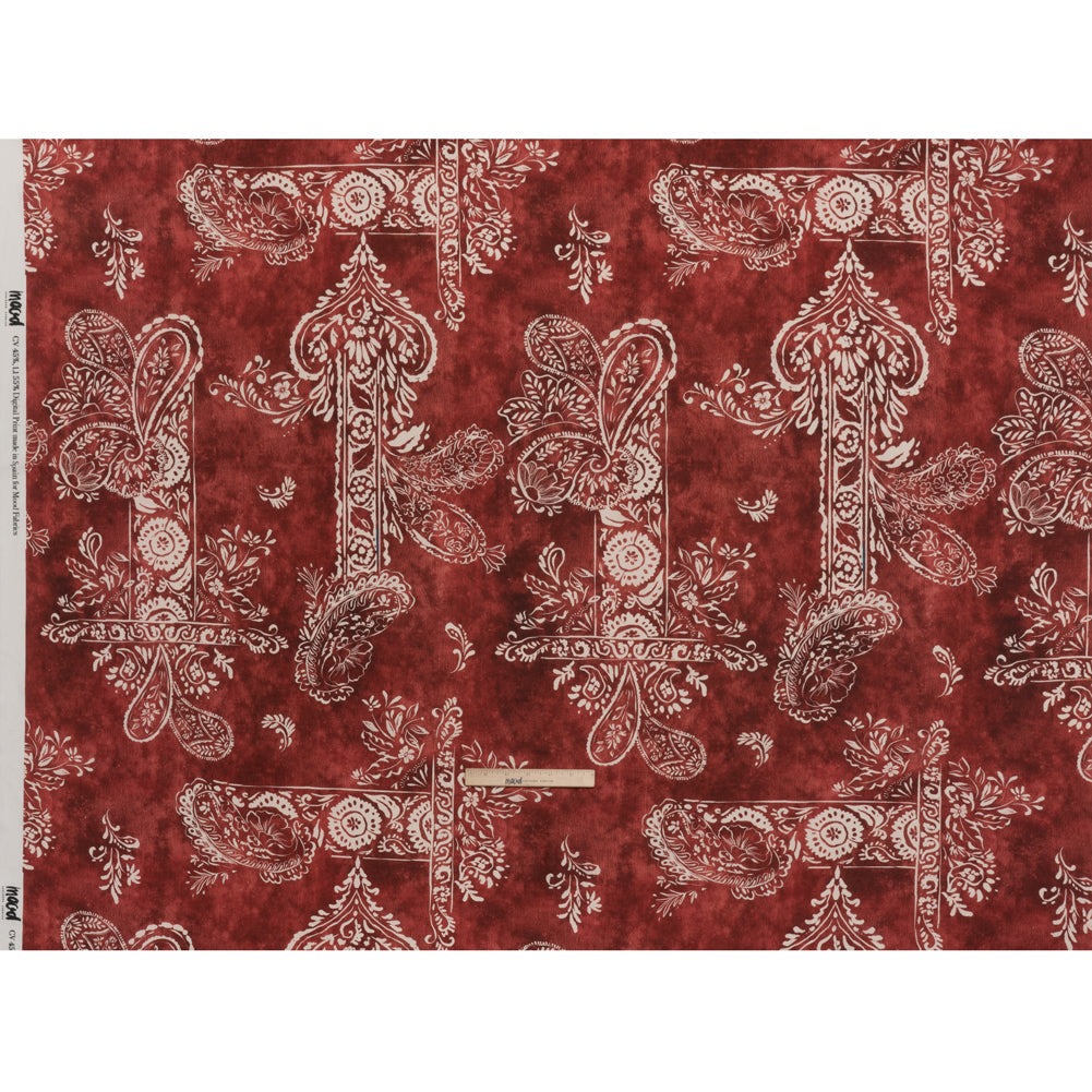 Linen and Rayon Woven - Dark Red and White Paisley and Frames - Mood Exclusive Arabesque Allure Print