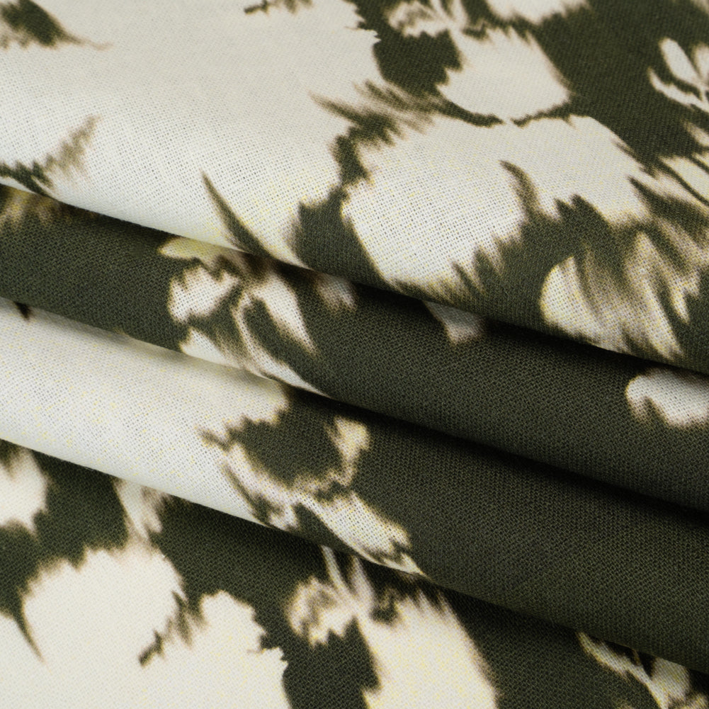 Linen and Rayon Woven - Forest Green and Off White Ikat-Like Floral Silhouettes - Mood Exclusive Dahlia Daydreams Print