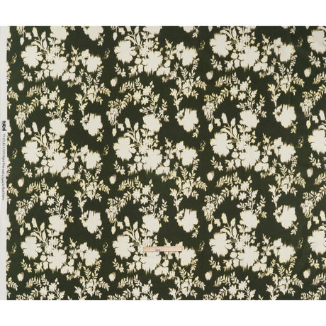 Linen and Rayon Woven - Forest Green and Off White Ikat-Like Floral Silhouettes - Mood Exclusive Dahlia Daydreams Print