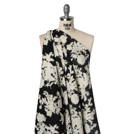 Linen and Rayon Woven - Black and Off White Ikat-Inspired Floral Silhouettes - Mood Exclusive Summer Sketches Print
