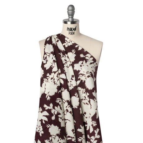 Linen and Rayon Woven - Grape Wine and Off White Ikat-Inspired Floral Silhouettes - Mood Exclusive Summer Sketches Print